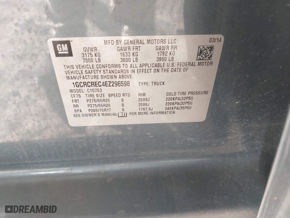 2014 Chevrolet Silverado 1500 LT with VIN 1GCRCREC4EZ296598, listed as a IAAI auction lot 41425582 with 140,620 mi miles. Bid and sale history available at carsss.com. Image 9.