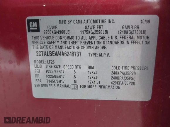 2010 GMC Terrain SLE-1 with VIN 2CTALBEW4A6248737, listed as a IAAI auction lot 41140067 with 158,498 mi miles. Bid and sale history available at carsss.com. Image 9.