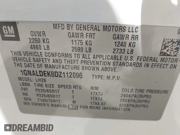 2013 Chevrolet Equinox LT with VIN 1GNALDEK8DZ112096, listed as a IAAI auction lot 42207446 with 183,581 mi miles and . Bid and sale history available at DreamBid. Image 9.