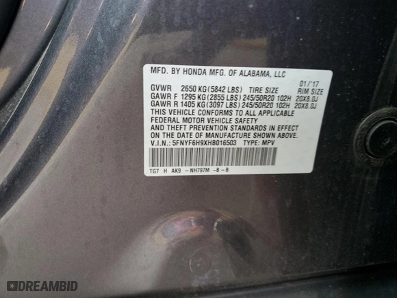 2017 Honda Pilot Touring with VIN 5FNYF6H9XHB016503, listed as a Copart auction lot 47884885 with 111,208 mi miles and Salvage Title. Bid and sale history available at carsss.com. Image 12.