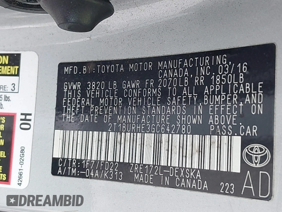 2016 Toyota Corolla L with VIN 2T1BURHE3GC642780, listed as a IAAI auction lot 40944237 with 110,234 mi miles and . Bid and sale history available at DreamBid. Image 9.