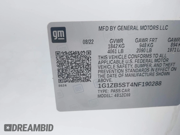 2022 Chevrolet Malibu LS with VIN 1G1ZB5ST4NF190288, listed as a IAAI auction lot 41972004 with 42,235 mi miles and . Bid and sale history available at DreamBid. Image 9.