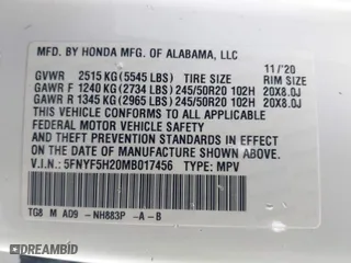 2021 Honda Pilot Special Edition with VIN 5FNYF5H20MB017456, listed as a IAAI auction lot 41418341 with 1 mi miles. Bid and sale history available at carsss.com. Image 9.