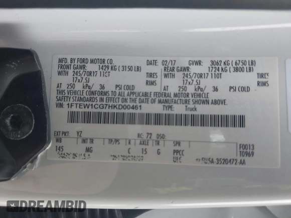 2017 Ford F-150 XL with VIN 1FTEW1CG7HKD00461, listed as a IAAI auction lot 41645214 with Not provided miles and . Bid and sale history available at DreamBid. Image 9.