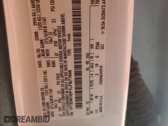2020 Ford F-150 XL with VIN 1FTEW1EP1LFB77996, listed as a Copart auction lot 46278535 with 93,012 mi miles and Non Repairable. Bid and sale history available at DreamBid. Image 12.