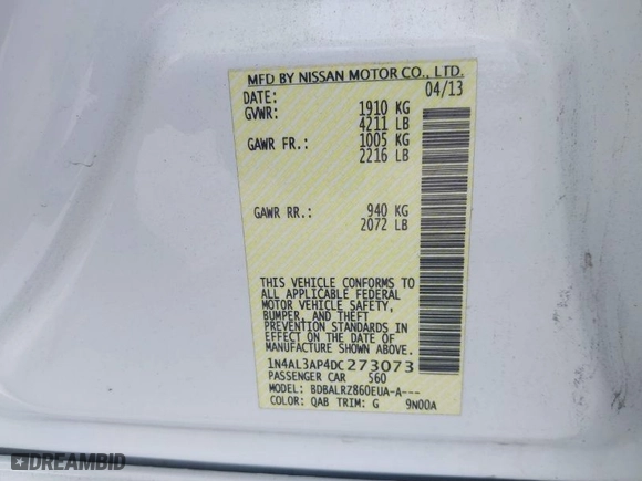 2013 Nissan Altima 2.5 SL with VIN 1N4AL3AP4DC273073, listed as a IAAI auction lot 41915963 with 194,475 mi miles. Bid and sale history available at carsss.com. Image 9.