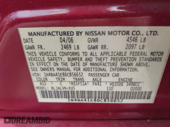 2006 Nissan Maxima 3.5 SL with VIN 1N4BA41E86C856652, listed as a IAAI auction lot 42070796 with 190,538 mi miles. Bid and sale history available at carsss.com. Image 9.