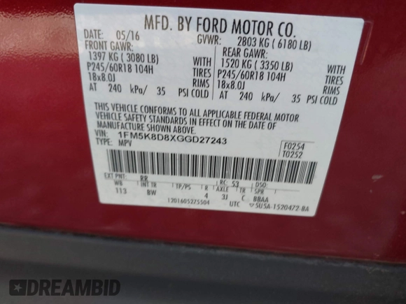 2016 Ford Explorer XLT with VIN 1FM5K8D8XGGD27243, listed as a IAAI auction lot 42020439 with 168,492 mi miles and . Bid and sale history available at carsss.com. Image 9.