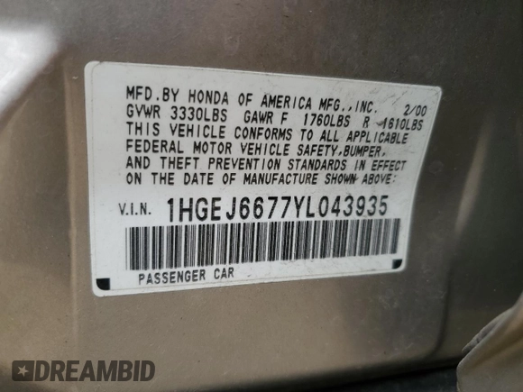 2000 Honda Civic LX with VIN 1HGEJ6677YL043935, listed as a Copart auction lot 56601325 with 163,195 mi miles and Clean Title. Bid and sale history available at DreamBid. Image 12.