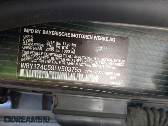 2015 BMW i3 with VIN WBY1Z4C59FV503755, listed as a IAAI auction lot 42589069 with 87,470 mi miles and . Bid and sale history available at DreamBid. Image 9.