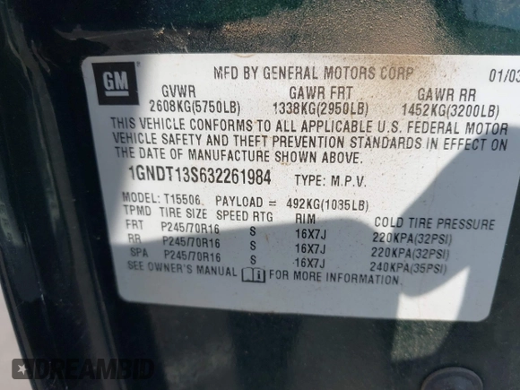 2003 Chevrolet TrailBlazer LTZ with VIN 1GNDT13S632261984, listed as a IAAI auction lot 42055397 with 203,661 mi miles and . Bid and sale history available at DreamBid. Image 9.