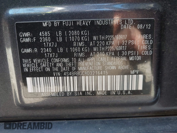 2013 Subaru Outback Premium with VIN 4S4BRBGC8D3216415, listed as a IAAI auction lot 42465907 with 190,661 mi miles and . Bid and sale history available at DreamBid. Image 9.