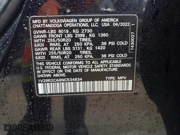 2022 Volkswagen Atlas SEL with VIN 1V2BR2CA6NC534834, listed as a Copart auction lot 82413944 with 40,338 mi miles and Salvage title. Bid and sale history available at DreamBid. Image 13.