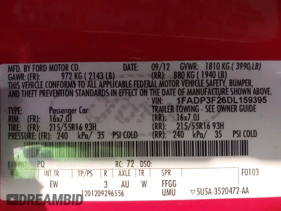 2013 Ford Focus SE with VIN 1FADP3F26DL159395, listed as a IAAI auction lot 42026763 with 165,259 mi miles. Bid and sale history available at carsss.com. Image 9.