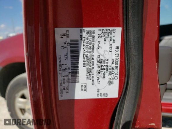 2005 Ford Explorer XLS with VIN 1FMZU72K75ZA49486, listed as a Copart auction lot 77529964 with 207,812 mi miles and Salvage title. Bid and sale history available at DreamBid. Image 15.