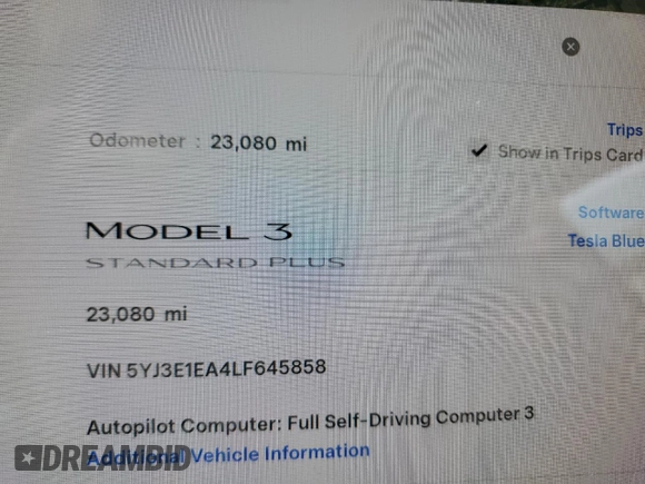 2020 Tesla Model 3 Standard Range Plus with VIN 5YJ3E1EA4LF645858, listed as a Copart auction lot 55291565 with 23,080 mi miles and Clean Title. Bid and sale history available at DreamBid. Image 9.
