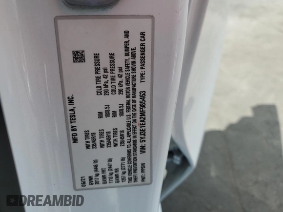 2021 Tesla Model 3 Standard Range Plus with VIN 5YJ3E1EA2MF985463, listed as a Copart auction lot 53311455 with 23,176 mi miles and Clean Title. Bid and sale history available at DreamBid. Image 12.
