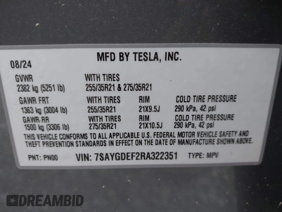 2024 Tesla Model Y Performance with VIN 7SAYGDEF2RA322351, listed as a IAAI auction lot 41953896 with 8,959 mi miles and . Bid and sale history available at DreamBid. Image 9.