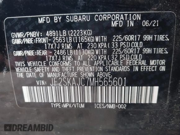2021 Subaru Forester Premium with VIN JF2SKAJC7MH565601, listed as a IAAI auction lot 42202360 with 85,792 mi miles and . Bid and sale history available at DreamBid. Image 9.