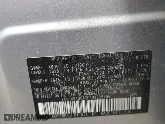 2017 Subaru Outback Premium with VIN 4S4BSACC1H3226696, listed as a Copart auction lot 45019375 with 102,234 mi miles and Salvage title. Bid and sale history available at DreamBid. Image 14.