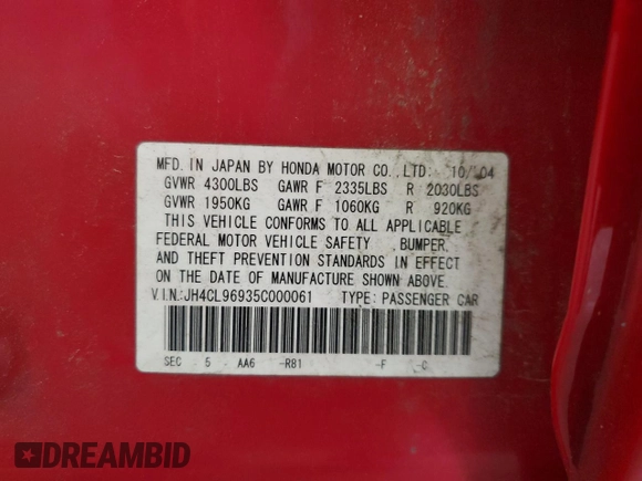 2005 Acura TSX with VIN JH4CL96935C000061, listed as a Copart auction lot 57378205 with 103,982 mi miles and Clean title. Bid and sale history available at DreamBid. Image 12.