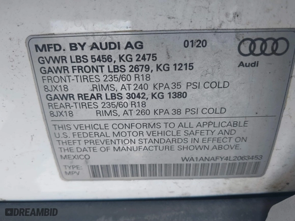 2020 Audi Q5 Premium with VIN WA1ANAFY4L2063453, listed as a IAAI auction lot 41334895 with 97,274 mi miles. Bid and sale history available at carsss.com. Image 9.