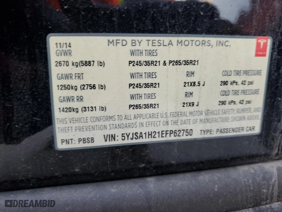2014 Tesla Model S P85D with VIN 5YJSA1H21EFP62750, listed as a Copart auction lot 87676375 with 67,514 mi miles and Salvage Title. Bid and sale history available at carsss.com. Image 14.