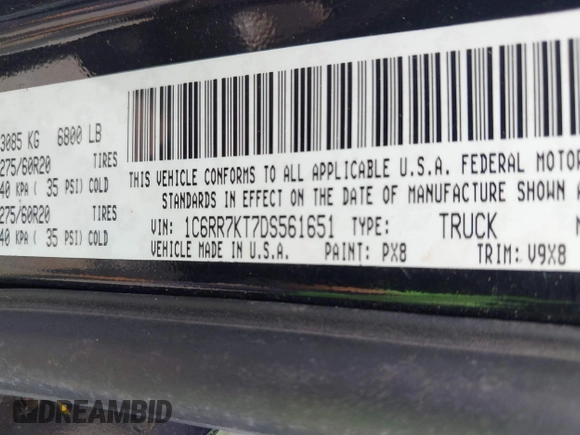 2013 Ram 1500 Express with VIN 1C6RR7KT7DS561651, listed as a IAAI auction lot 42741471 with 168,542 mi miles and . Bid and sale history available at DreamBid. Image 9.