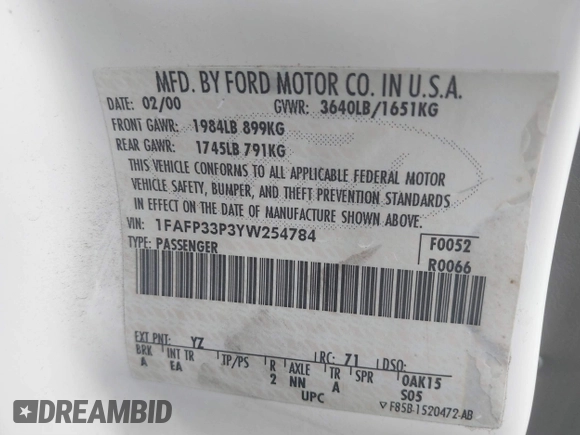 2000 Ford Focus LX with VIN 1FAFP33P3YW254784, listed as a IAAI auction lot 41429406 with 88,572 mi miles and . Bid and sale history available at carsss.com. Image 9.