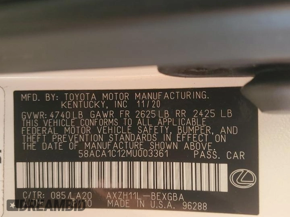 2021 Lexus ES with VIN 58ACA1C12MU003361, listed as a Copart auction lot 74753474 with 118,571 mi miles and Salvage Title. Bid and sale history available at carsss.com. Image 13.