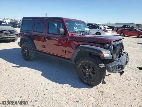 2021 Jeep Wrangler Unlimited Willys with VIN 1C4HJXDG4MW734322, listed as a Copart auction lot 50155775 with 45,963 mi miles and Salvage Title. Bid and sale history available at carsss.com. Image 4.