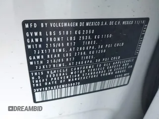 2019 Volkswagen Tiguan S with VIN 3VV1B7AX2KM039970, listed as a IAAI auction lot 41498706 with 56,907 mi miles and . Bid and sale history available at DreamBid. Image 9.