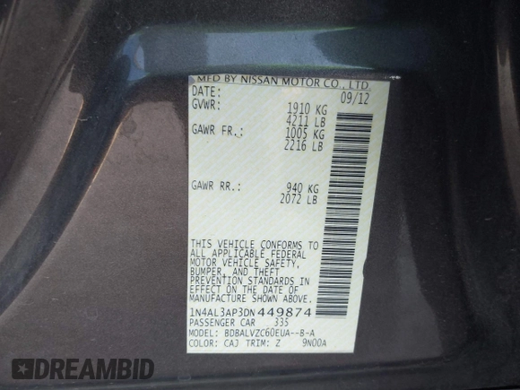 2013 Nissan Altima SV with VIN 1N4AL3AP3DN449874, listed as a IAAI auction lot 42003117 with 98,711 mi miles and . Bid and sale history available at carsss.com. Image 9.
