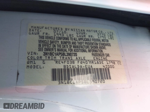 2011 Nissan Versa 1.8 S with VIN 3N1BC1AP5BL390720, listed as a IAAI auction lot 41962212 with 120,516 mi miles. Bid and sale history available at carsss.com. Image 9.