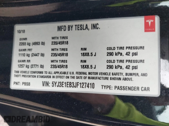 2018 Tesla Model 3 Long Range Battery z VIN 5YJ3E1EB3JF127410, wystawiony jako IAAI lot #41994858 z przebiegiem 100 494 mil mil oraz . Historia ofert i sprzedaży dostępna na DreamBid. Obrazek 9.