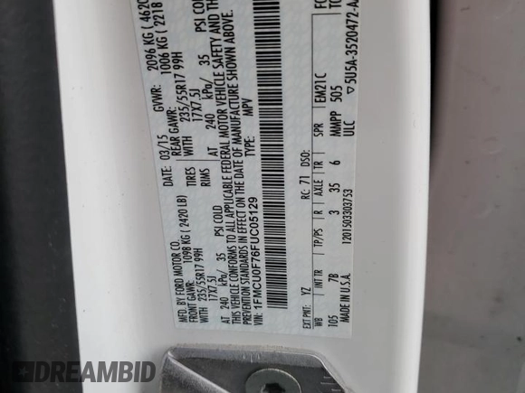 2015 Ford Escape S with VIN 1FMCU0F76FUC05129, listed as a Copart auction lot 84051764 with 118,027 mi miles and Salvage Title. Bid and sale history available at carsss.com. Image 14.