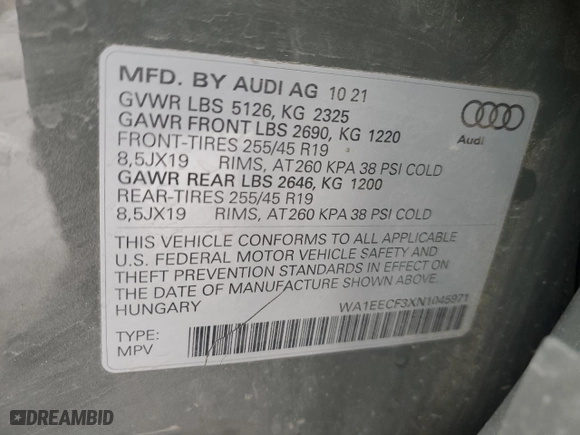 2022 Audi Q3 S line Premium Plus with VIN WA1EECF3XN1045971, listed as a Copart auction lot 50026375 with 28,412 mi miles and Salvage Title. Bid and sale history available at carsss.com. Image 13.