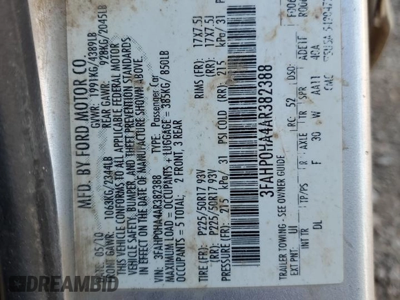 2010 Ford Fusion SE with VIN 3FAHP0HA4AR382388, listed as a Copart auction lot 48474215 with 121,935 mi miles and Salvage Title. Bid and sale history available at carsss.com. Image 13.
