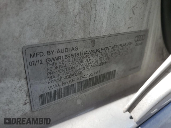 2013 Audi S4 Premium Plus with VIN WAUBGAFLXDA092341, listed as a Copart auction lot 75766344 with 74,088 mi miles and Salvage Title. Bid and sale history available at carsss.com. Image 13.