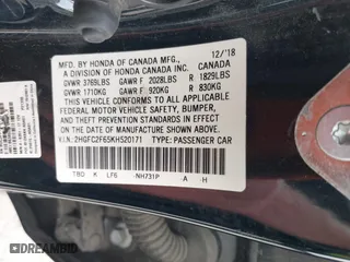 2019 Honda Civic Sedan LX with VIN 2HGFC2F65KH520171, listed as a IAAI auction lot 41725830 with 107,558 mi miles. Bid and sale history available at carsss.com. Image 9.