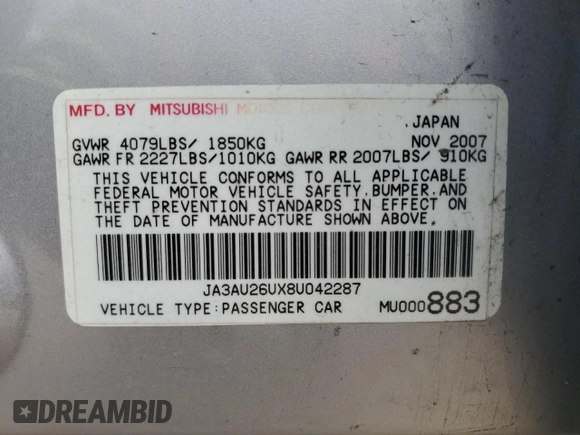 2008 Mitsubishi Lancer DE with VIN JA3AU26UX8U042287, listed as a Copart auction lot 51578105 with 130,364 mi miles and Salvage Title. Bid and sale history available at carsss.com. Image 13.
