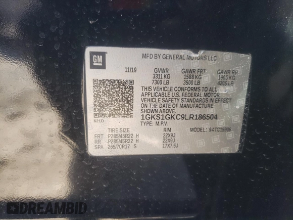 2020 GMC Yukon XL SLT with VIN 1GKS1GKC9LR186504, listed as a Copart auction lot 77565634 with 20,074 mi miles and Salvage Title. Bid and sale history available at carsss.com. Image 13.