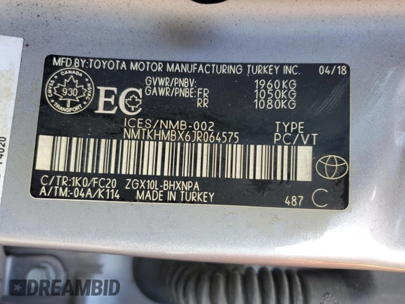 2018 Toyota C-HR XLE with VIN NMTKHMBX6JR064575, listed as a Copart auction lot 50140525 with 42,340 mi miles and Clean Title. Bid and sale history available at DreamBid. Image 12.