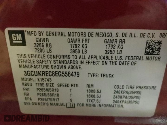 2014 Chevrolet Silverado 1500 LT with VIN 3GCUKREC8EG556479, listed as a Copart auction lot 56054615 with 118,524 mi miles and Salvage Title. Bid and sale history available at DreamBid. Image 12.