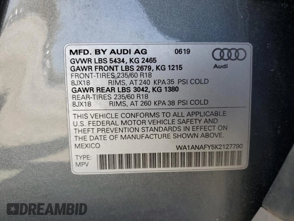 2019 Audi Q5 Premium z VIN WA1ANAFY5K2127790, wystawiony jako Copart lot #51407765 z przebiegiem 62 992 mil mil oraz Szkoda całkowita • Salvage title. Historia ofert i sprzedaży dostępna na DreamBid. Obrazek 14.