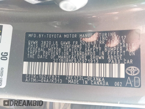 2018 Toyota Corolla L z VIN 2T1BURHE9JC971913, wystawiony jako IAAI lot #42220378 z przebiegiem 113 437 mil mil oraz . Historia ofert i sprzedaży dostępna na DreamBid. Obrazek 9.