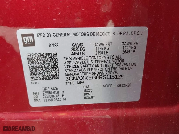 2024 Chevrolet Equinox LT with VIN 3GNAXKEG0RS115129, listed as a IAAI auction lot 41742306 with 19,938 mi miles. Bid and sale history available at carsss.com. Image 9.