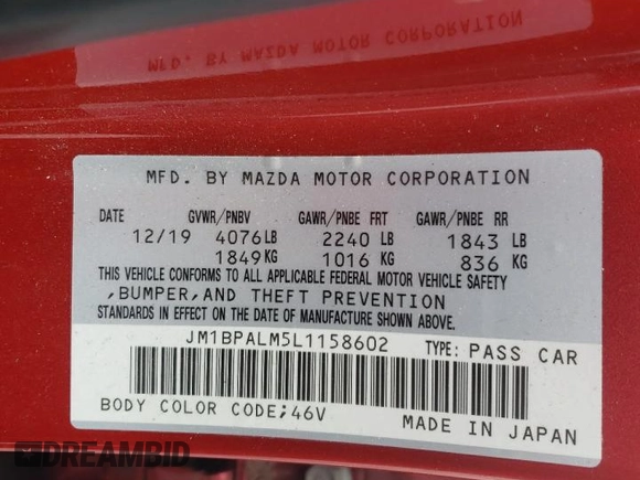 2020 Mazda Mazda3 Hatchback with VIN JM1BPALM5L1158602, listed as a Copart auction lot 49288685 with 32,445 mi miles and Salvage Title. Bid and sale history available at carsss.com. Image 14.