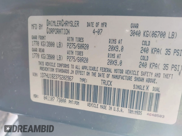 2007 Dodge 1500 Laramie with VIN 1D7HU18237S202967, listed as a IAAI auction lot 41628793 with 252,145 mi miles. Bid and sale history available at carsss.com. Image 9.