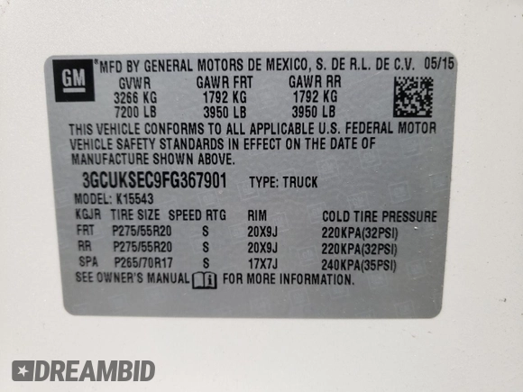 2015 Chevrolet Silverado 1500 LTZ with VIN 3GCUKSEC9FG367901, listed as a Copart auction lot 40817402 with 98,237 mi miles and Salvage Title. Bid and sale history available at carsss.com. Image 10.